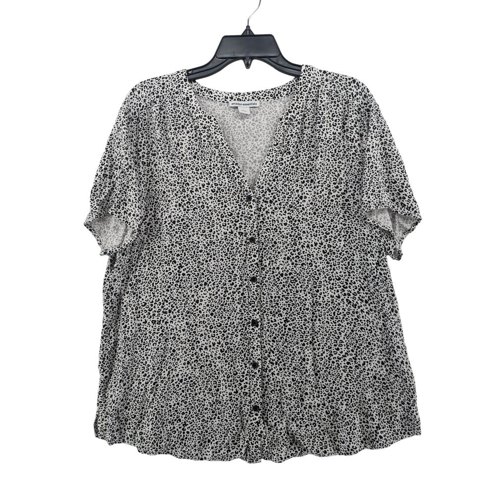 Amazon Essentials Animal Print Blouse Large Black White Button Front V Neck Work